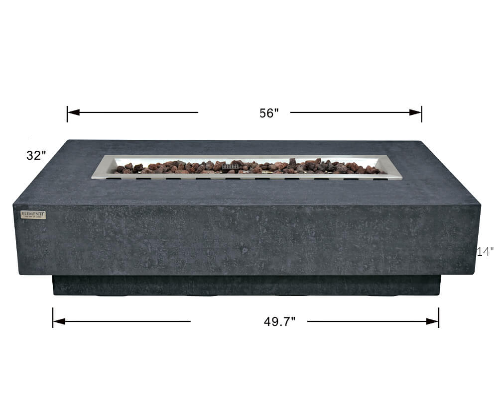 Elementi 55 Inch Hampton Rectangular Concrete Fire Table in Dark With Dimensions