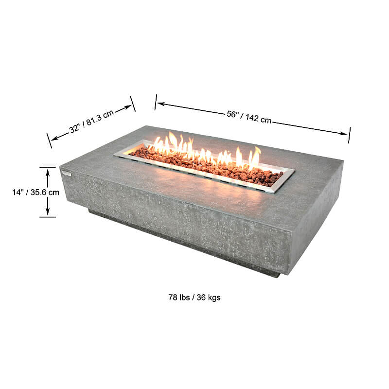 Elementi 55 Inch Hampton Rectangular Concrete Fire Table in Light Gray With Dimensions