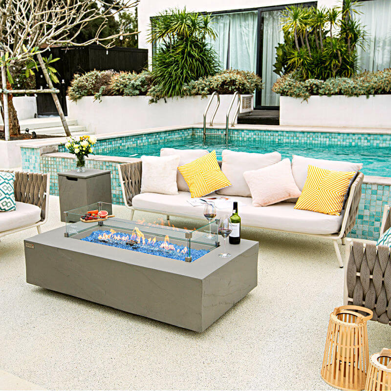 Elementi Plus Meteora Space Gray Concrete Rectangular Fire Table with ample ledge space 