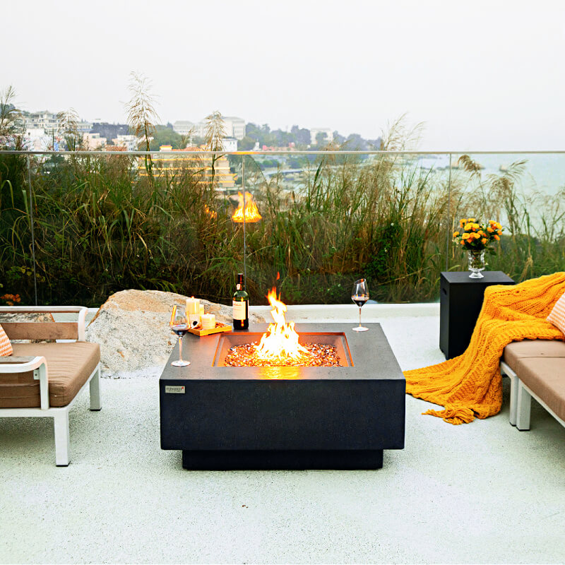 Elementi Plus Bergen Dark Gray Concrete Square Fire Table on Patio with Wide Ledge for Entertaining