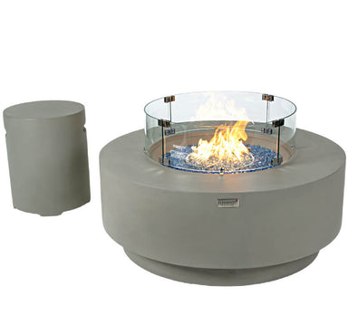 Elementi Plus Colosseo Round Gray Concrete Fire Table with Tempered Glass Wind Guard