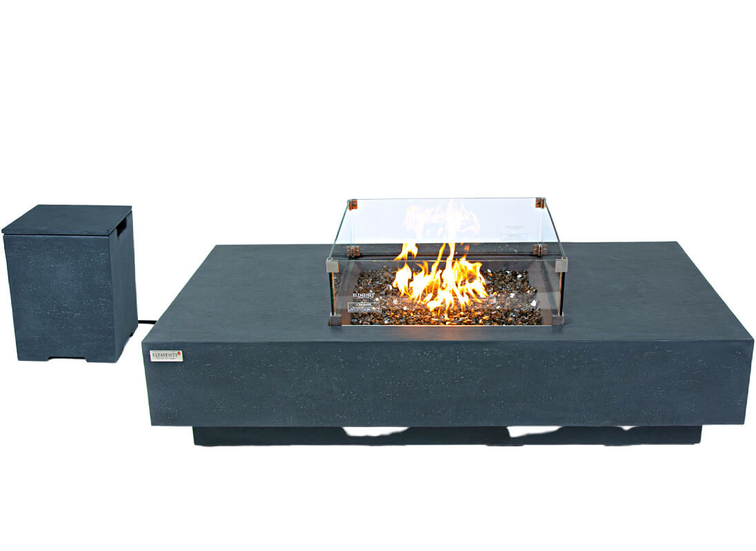 Elementi Plus Cannes Slate Black Concrete Rectangular Fire Table  with Wind Guard