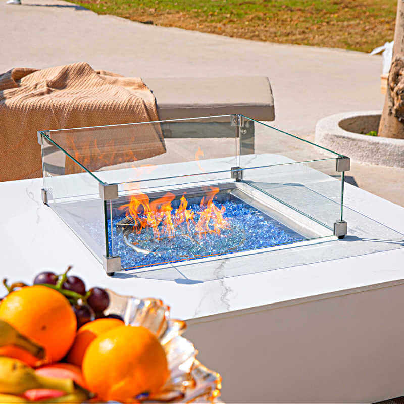 Elementi Plus Annecy Marble Porcelain Square Fire Table with Glass Wind Guard