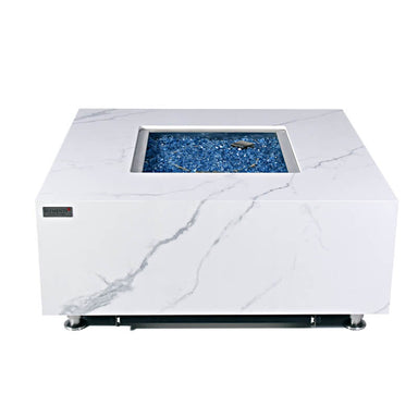 Elementi Plus Bianco White Marble Porcelain Square Fire Table With Blue Fire Glass