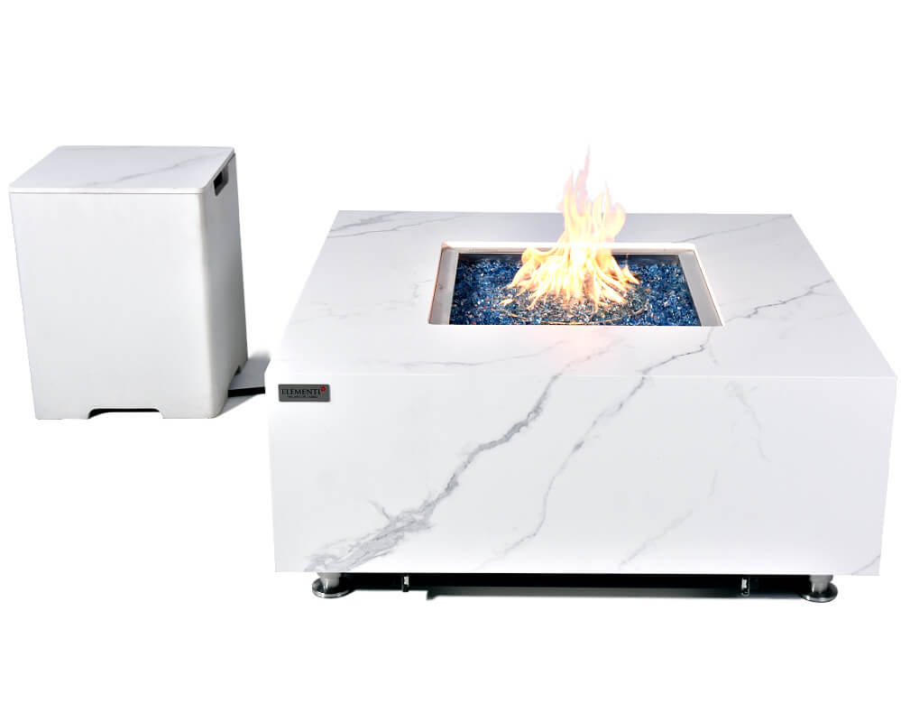 Elementi Plus Bianco White Marble Porcelain Square Fire Table with Optional Propane Tank Cover