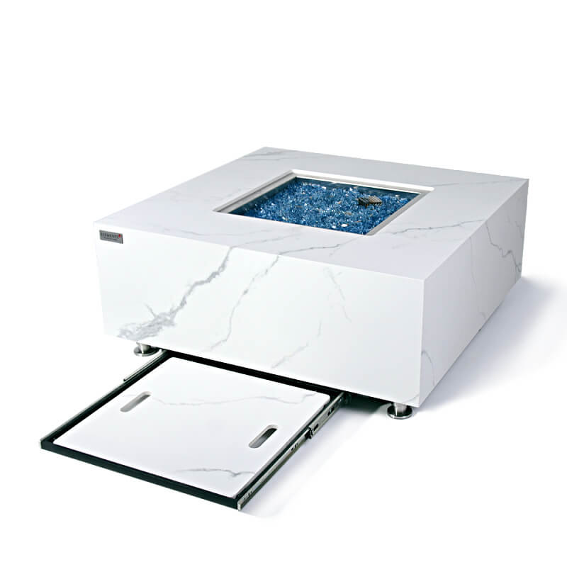 Elementi Plus Bianco White Marble Porcelain Square Fire Table With Durable Stainless Steel Burner