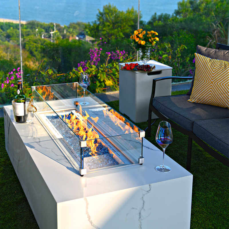 Elementi Plus Carrara Porcelain White Marble Rectangular Fire Table With Tempered Glass Wind Guard