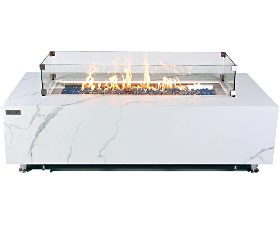 Elementi Carrara Porcelain White Marble Rectangular Fire Table with Stainless Steel Lid