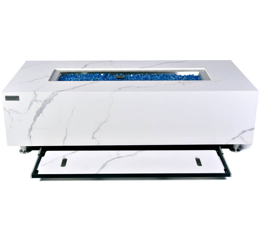Elementi Plus Carrara Porcelain White Marble Fire Table with Burner Lid Holder Underneath
