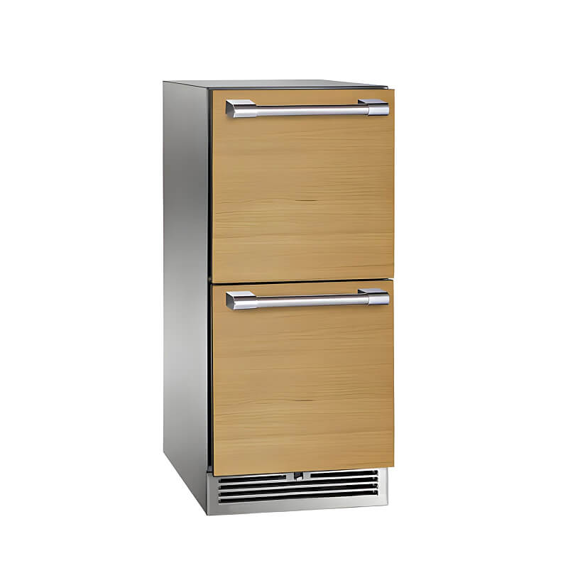 Perlick 15-Inch Signature Series Stainless Steel Panel Ready Drawer Outdoor Refrigerator | Wood Grain Paneling