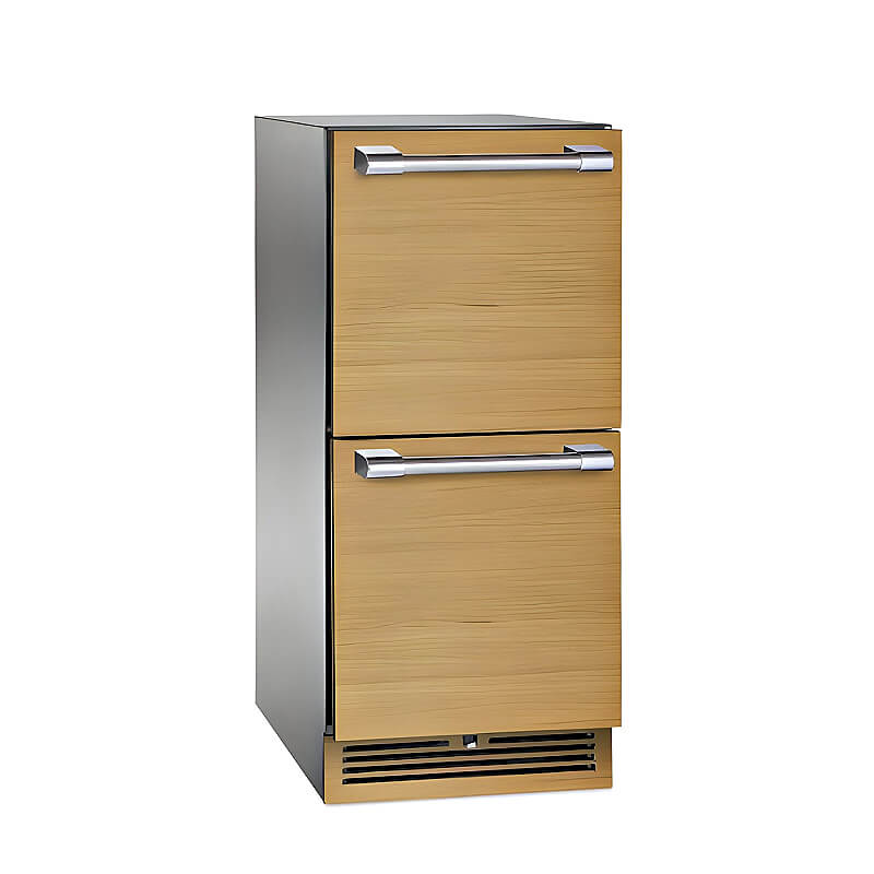 Perlick 15-Inch Signature Series Stainless Steel Panel Ready Drawer Outdoor Refrigerator | Wood Paneling on Front Vent