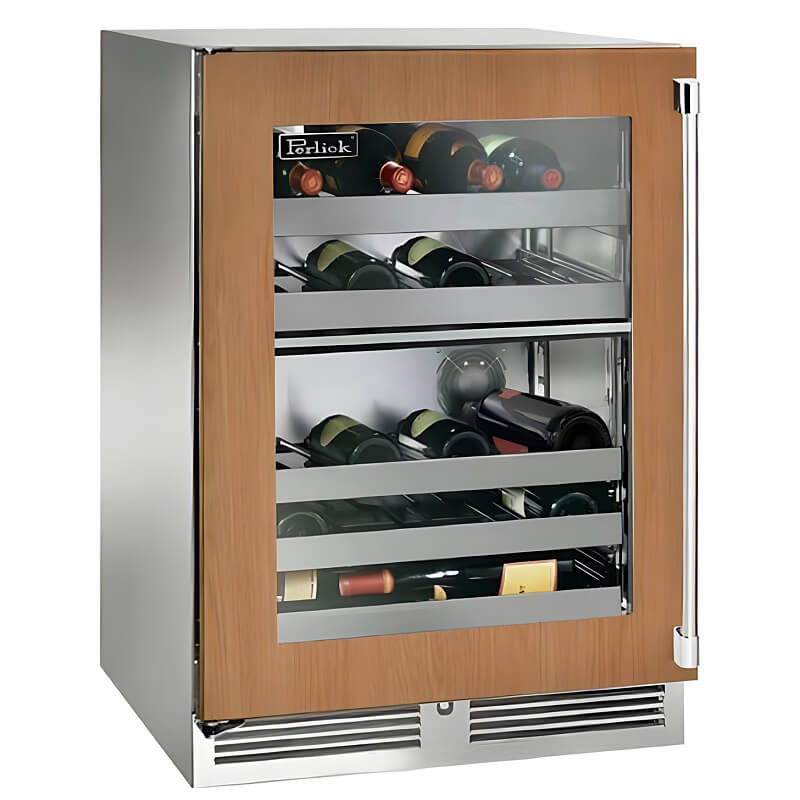 Perlick 24-Inch Signature Series Panel Ready Glass Door Outdoor Dual Zone Wine Reserve w/ Lock | Left Hinge