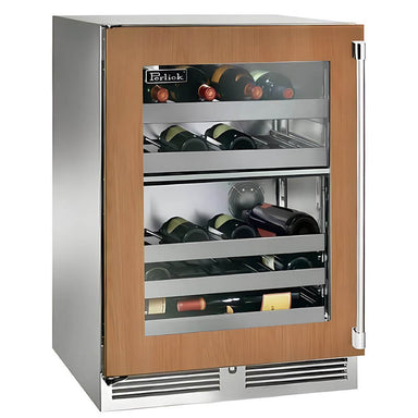 Perlick 24-Inch Signature Series Panel Ready Glass Door Outdoor Dual Zone Wine Reserve | Left Hinge Wood Grain