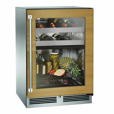 Perlick 24-Inch Signature Series Panel Ready Glass Door Outdoor Dual Zone Refrigerator/Wine Reserve | Right Hinge Wood Grain