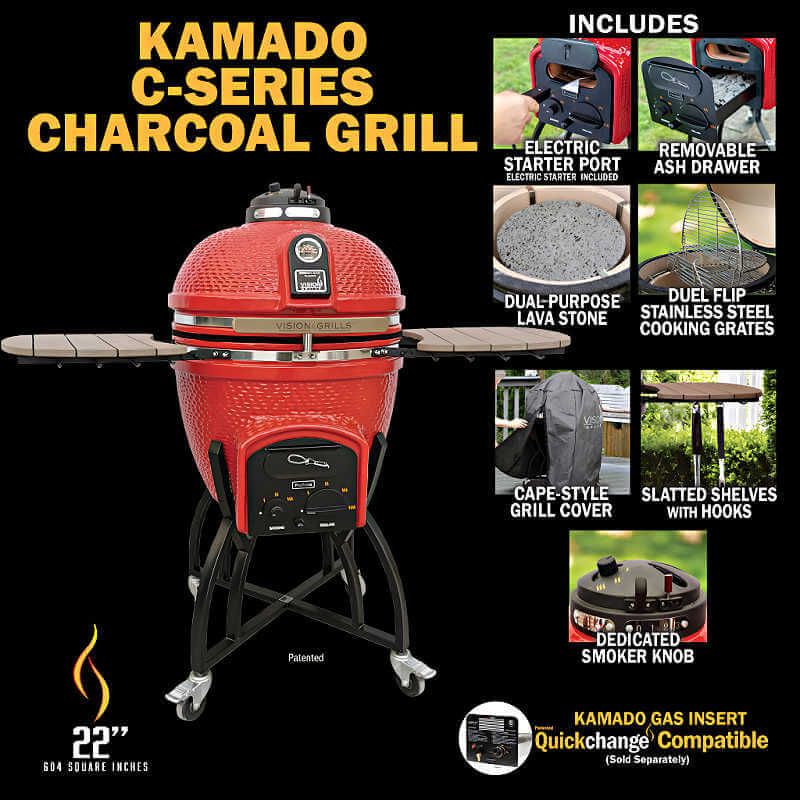 Vision Grills Professional C-Series Ceramic Kamado Grill in Red With Details