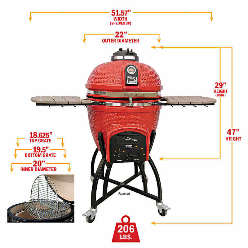 Vision Grills Professional C-Series Ceramic Kamado Grill in Red With Dimensions