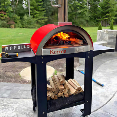 WPPO Karma 25 Inch Red Wood Fired Outdoor Pizza Oven with Black Cart | Shown With Wood Storage