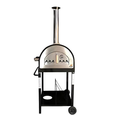 WPPO Traditional Black 25-Inch Dual Fueled Pizza Oven With Gas Attachment | Propane Tank hold on Cart