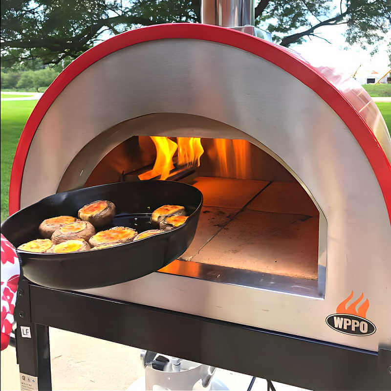 WPPO Traditional Red 25-Inch Dual Fueled Pizza Oven With Gas Attachment | Shown Cooking Mushroom Skillet Dish