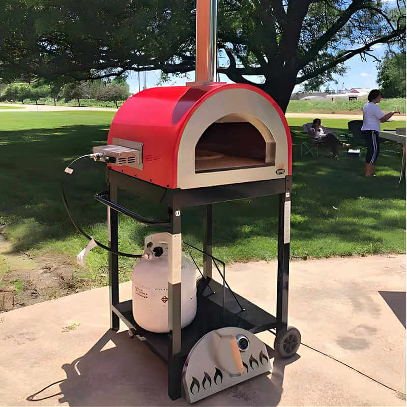 WPPO Traditional Red 25-Inch Dual Fueled Pizza Oven With Gas Attachment | Mobile Black Cart