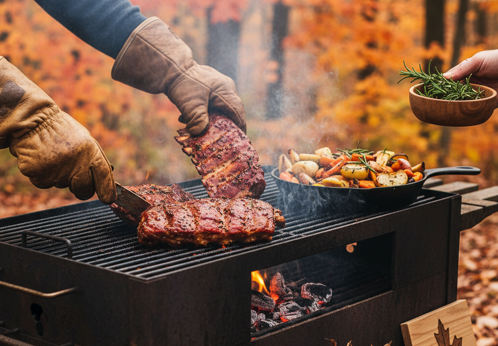 Grilling steaks in fall