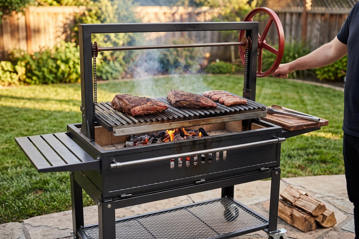 Sunterra Santa Maria grill on a cart with tri-tip on the grate over oak coals and a hand on the red flywheel