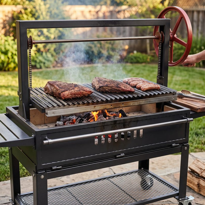 Sunterra Santa Maria grill on a cart with tri-tip on the grate over oak coals and a hand on the red flywheel