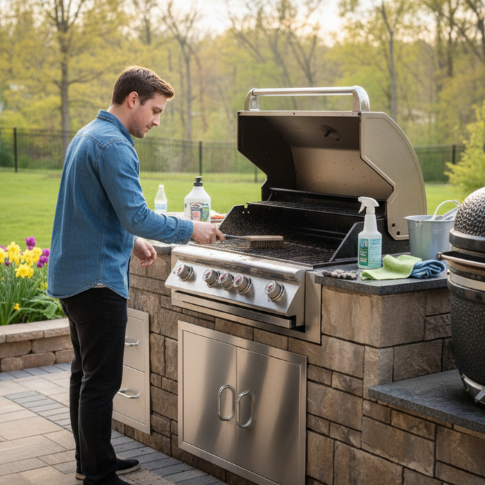 Man cleaning his grill in outdoor kitchen