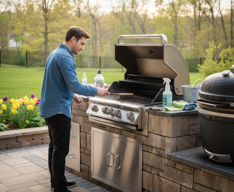 Man cleaning his grill in outdoor kitchen