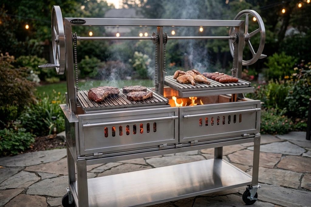 Sunterra stainless steel Santa Maria open fire grill with split crank grates searing tri-tip, ribeyes, chicken and sausages over a wood fire