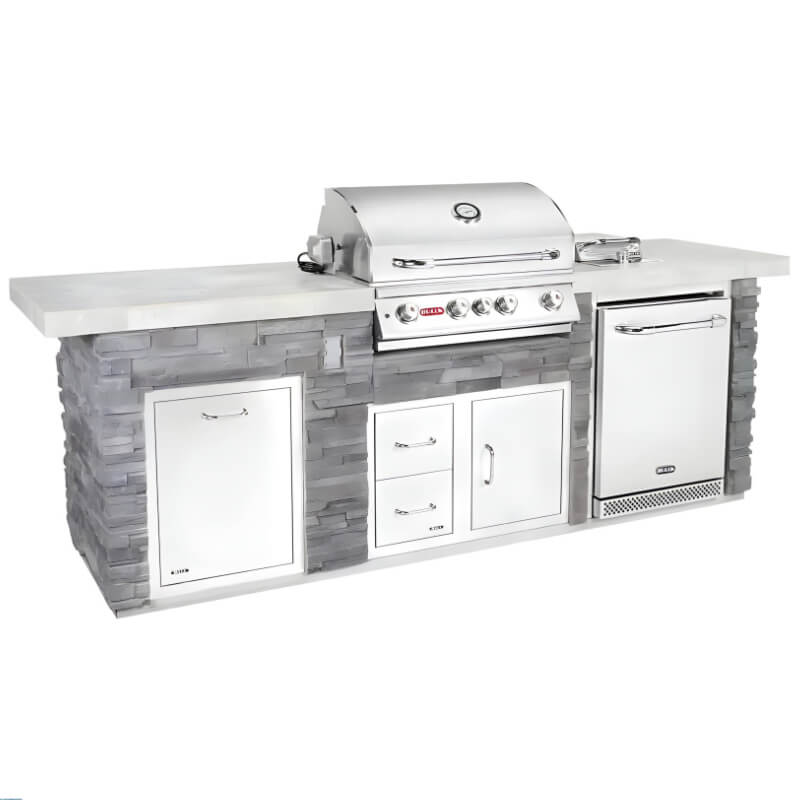 Bull Premier Q outdoor kitchen island with natural stone veneer base finish