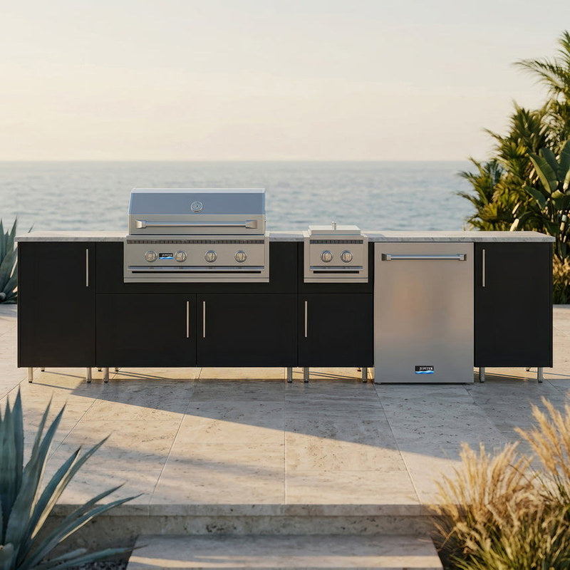 WeatherStrong Breakwater HDPE outdoor kitchen island in pitch black on a patio