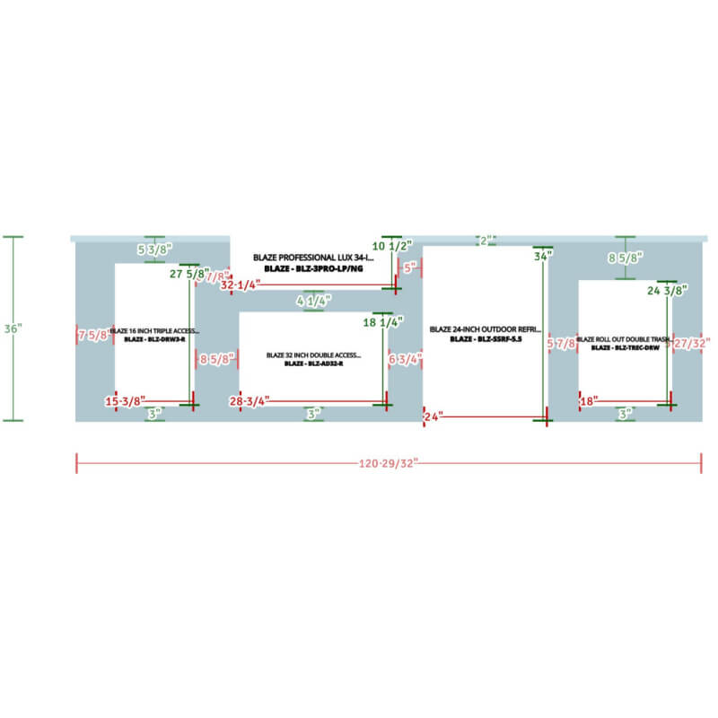 EZ Finish Systems 10 Ft Ready-To-Finish Grill Island with Blaze Professional LUX 34-Inch Grill, Refrigerator, Double Door, Trash Drawer, and Triple Drawer - Front View Dimensions