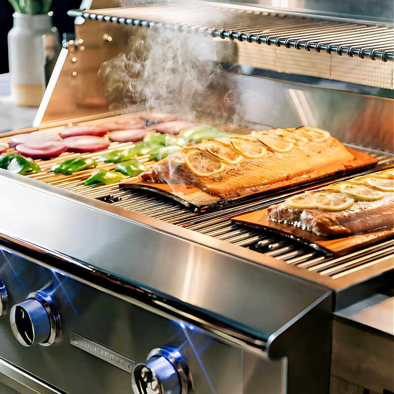 American Made Grills Alturi 36 Inch 3 Burner Built-In Gas Grill With Rotisserie | Shown Grilling Salmon