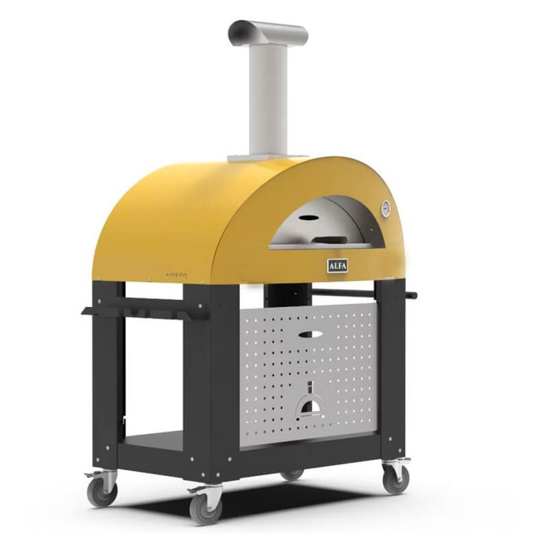 Alfa Moderno 3 Pizze Wood-Fired Pizza Oven w/ Cart - Fire Yellow | Cast Wheels on Cart
