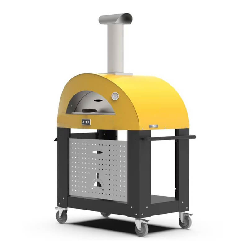 Alfa Moderno 3 Pizze Wood-Fired Pizza Oven w/ Cart - Fire Yellow | Power Coated Black Cart