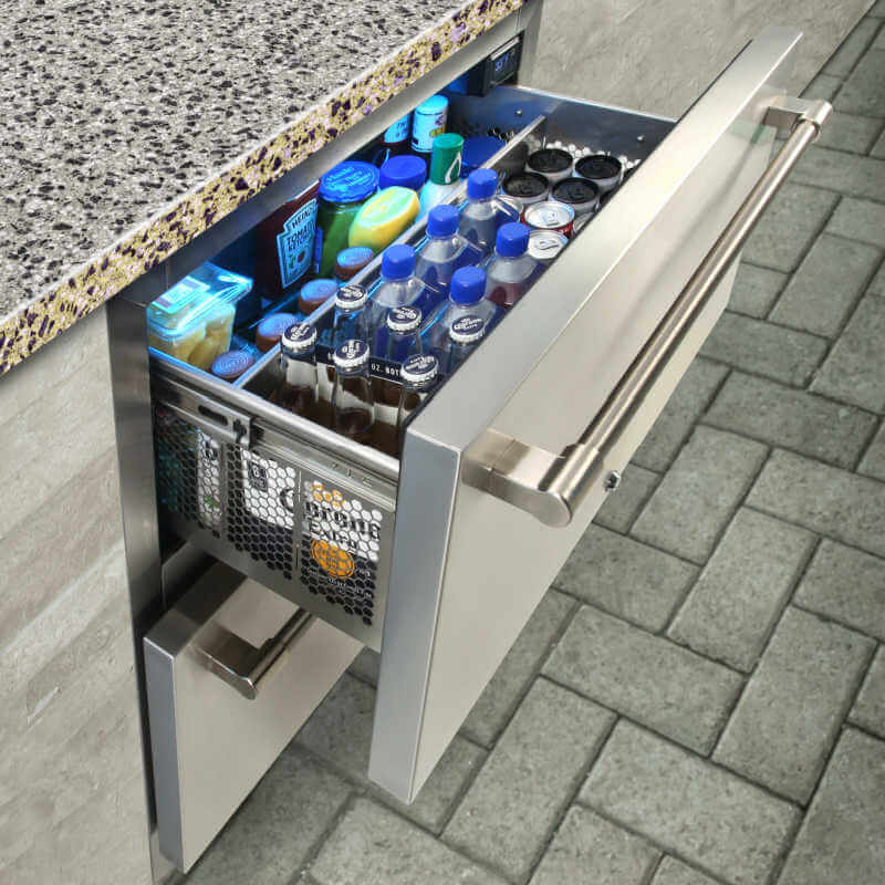 Alfresco Two-Drawer Outdoor Refrigerator | Shown with Cold Storage
