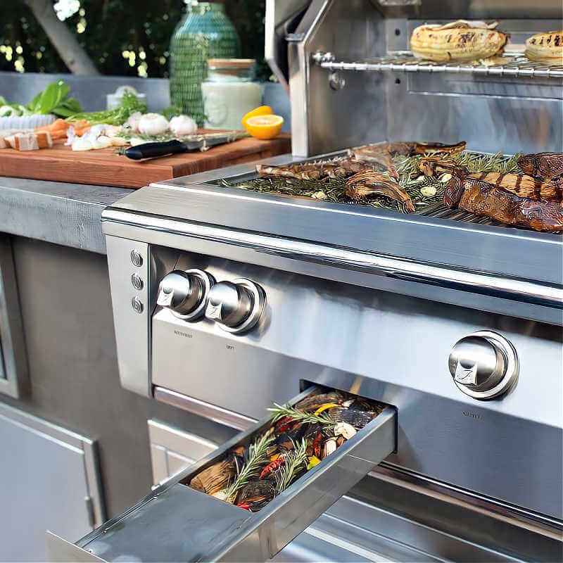 Alfresco ALXE 42-Inch Gas Grill on Deluxe Cart With Rotisserie With Marine Armour | Built-In Smoker System