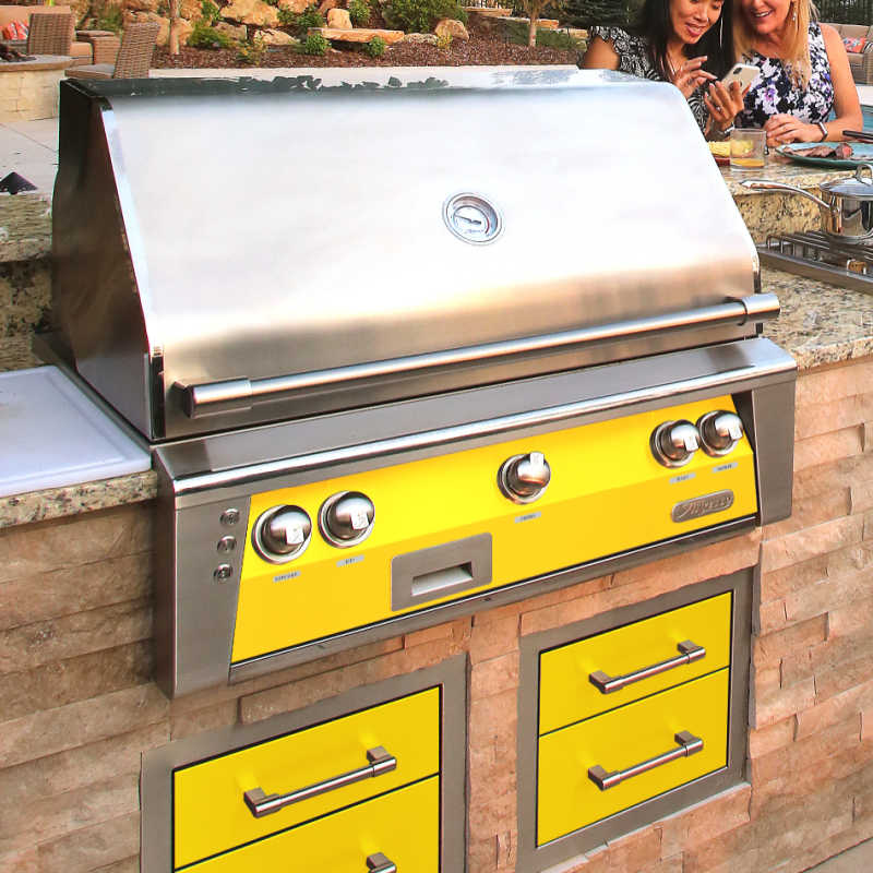 Alfresco ALXE 36-Inch Built-In Gas Grill With Rotisserie | Installed in Outdoor Kitchen in Traffic Yellow