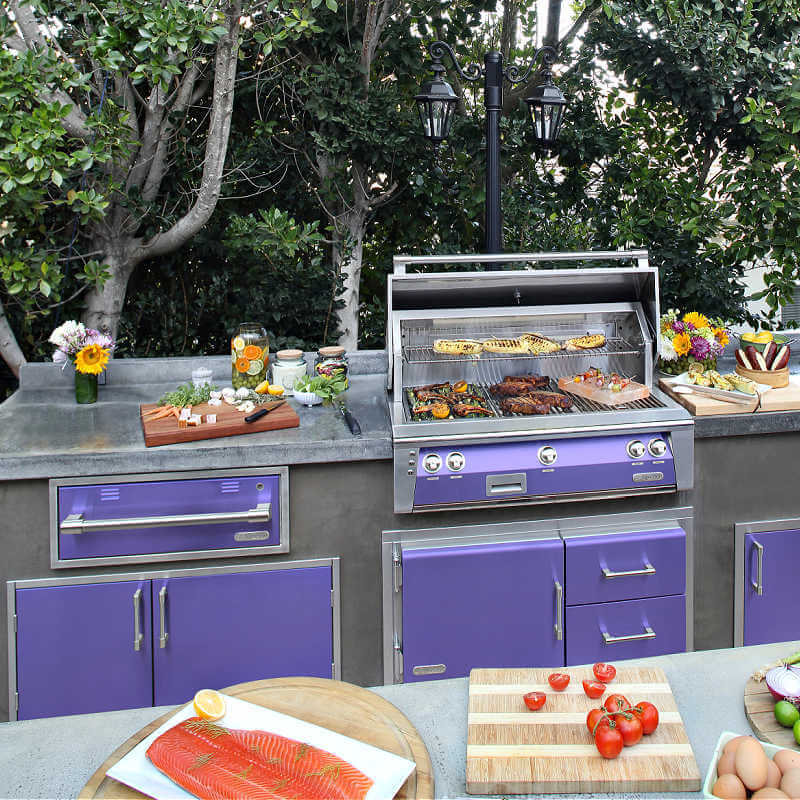 Alfresco ALXE 36-Inch Built-In Gas Grill With Rotisserie | Installed in Outdoor Kitchen in Blue Lilac
