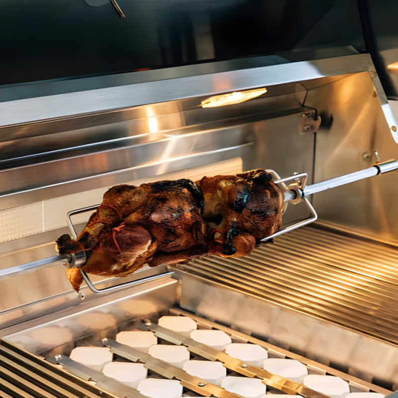American Made Grills Estate 36 Inch Built In Gas Grill | Shown with Rotisserie Chicken