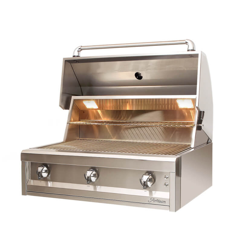 Artisan Series 36-Inch 3 Burner Built-In Gas Grill | Grill Hood Opened