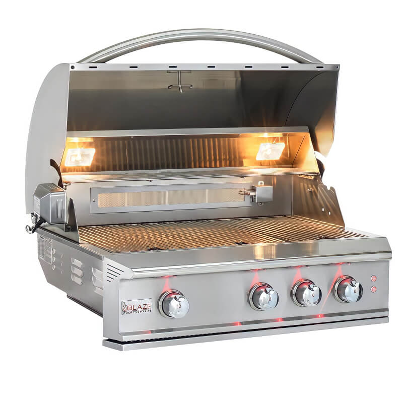Blaze BLZ-3PRO Professional LUX 34-Inch 3-Burner Built-In Grill With Rear Infrared Burner - Hood Open