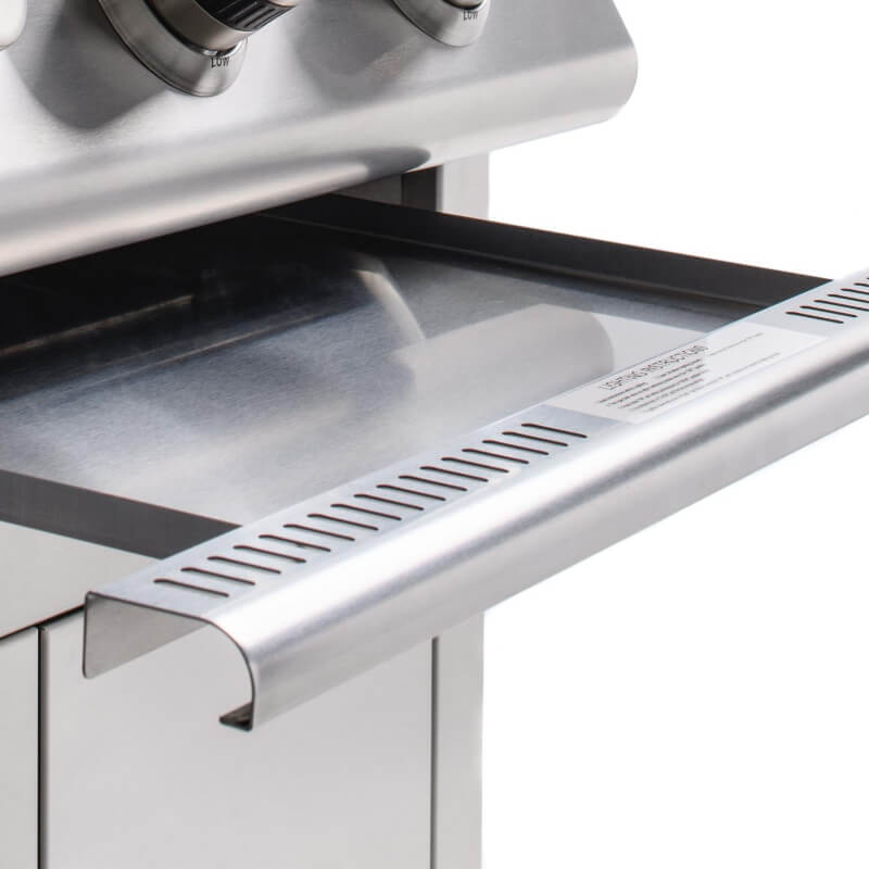 Blaze Prelude LBM 32-Inch 4-Burner Built-In Gas Grill - Drip Tray Pulled Out (Shown On Cart Model)