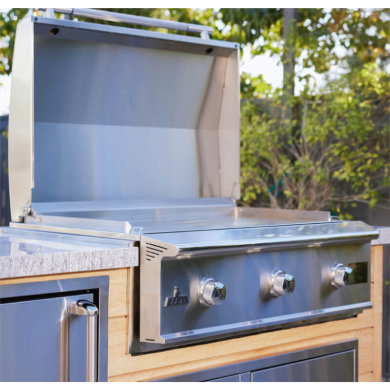 Blaze LTE Pro 40-Inch Gas Griddle | Shown w/ Lid Raised in Outdoor Kitchen