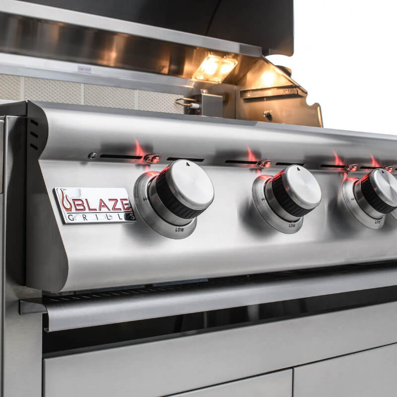Blaze Premium LTE 40-Inch 5-Burner Built-In Grill - Front Control Panel W/ Grill Lights On (Shown On Cart)