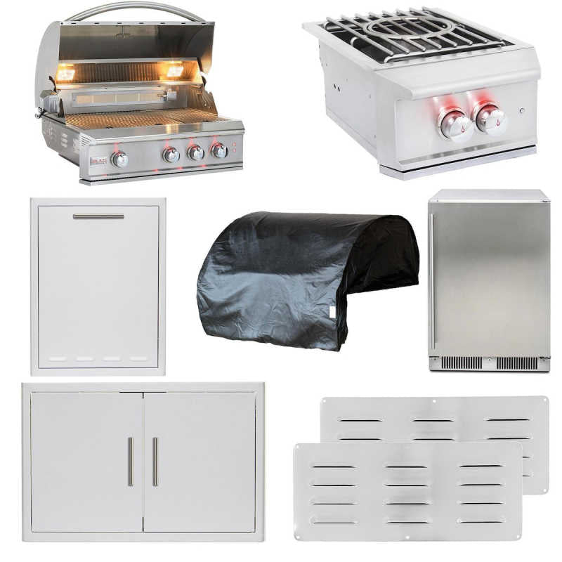 Blaze Professional LUX 8 Pc 34-in Gas Grill Outdoor Kitchen Package with Refrigerator, Power Burner, Trash Drawer