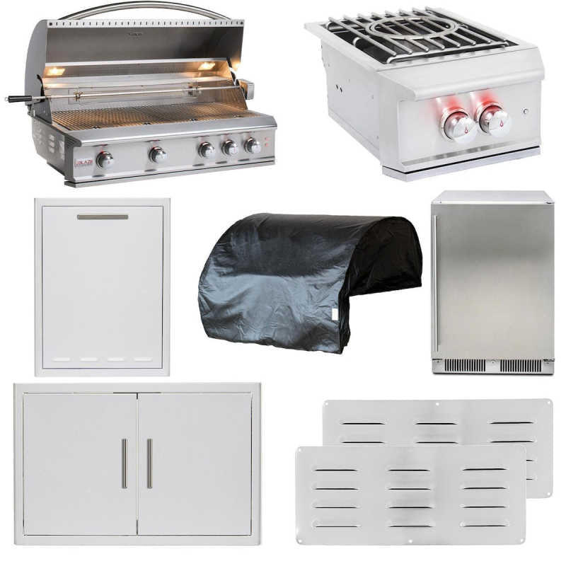 Blaze Professional LUX 8 Pc 44-in Gas Grill Outdoor Kitchen Package with Refrigerator, Power Burner, Trash Drawer