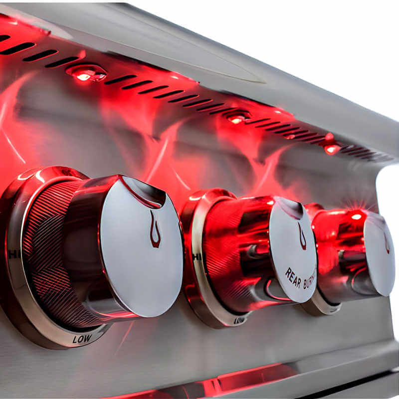 Blaze Professional LUX 44 Inch 4 Burner Freestanding Gas Grill | Red LED Lights on Gas Knobs Close Up