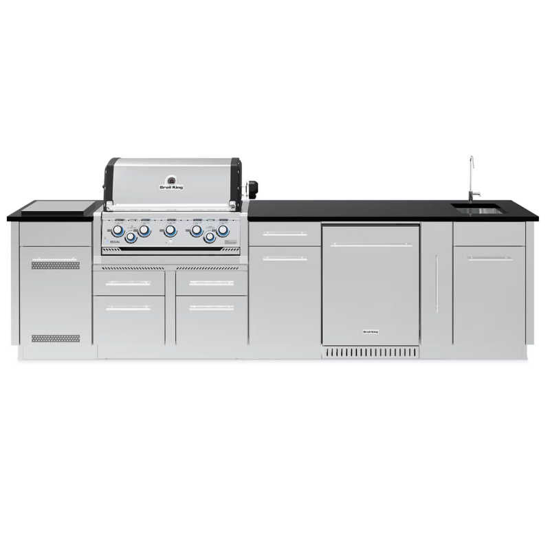 Broil King 10 1/2-Foot Outdoor Kitchen Island with Imperial S 590i 5-Burner Gas Grill, Rotisserie, Side Burner & Refrigerator